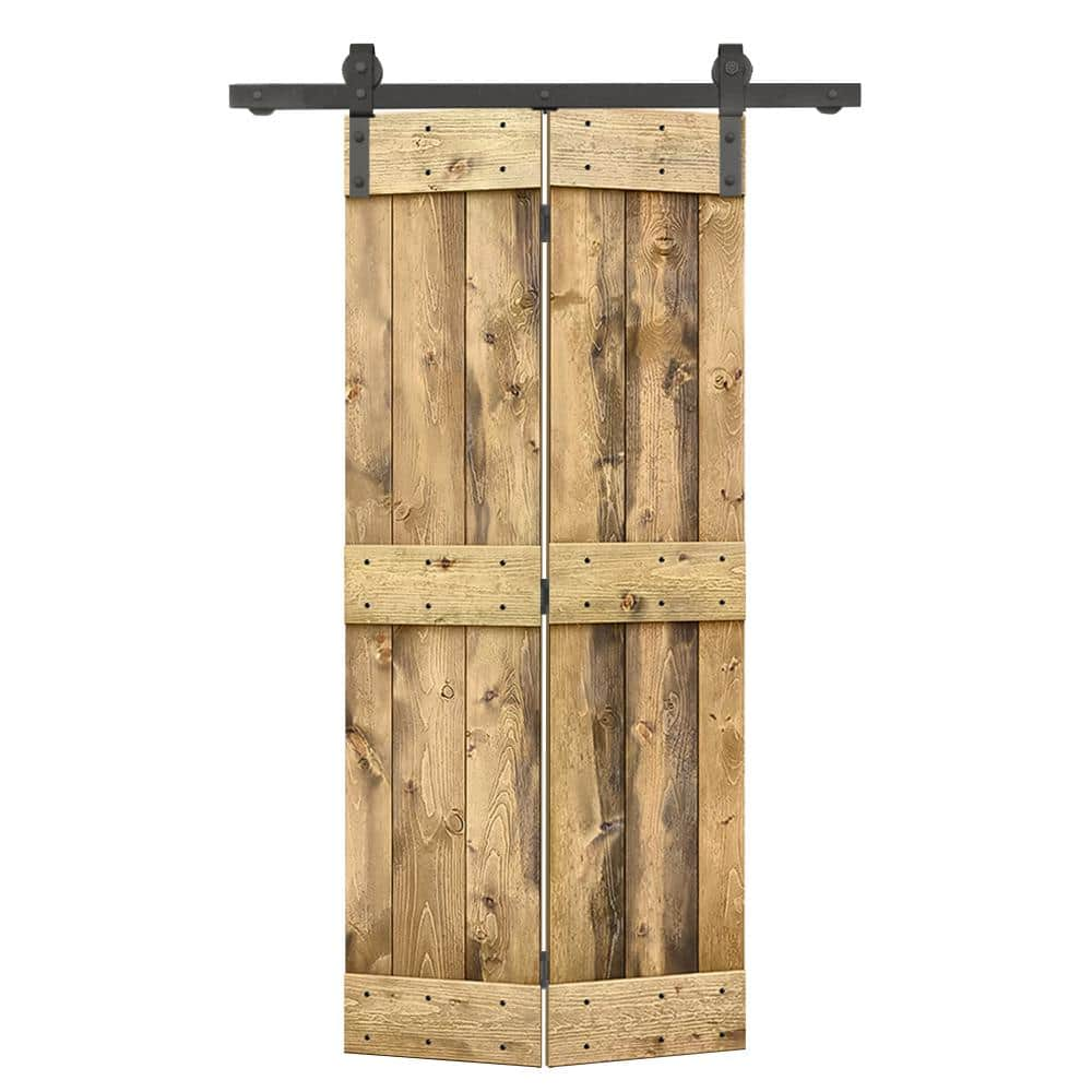 CALHOME 26 in. x 84 in. Mid-Bar Series Weather Oak-Stained DIY Wood Bi-Fold Barn Door with Sliding Hardware Kit