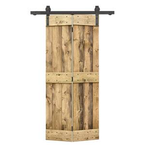 28 in. x 84 in. Mid-Bar Series Weather Oak-Stained DIY Wood Bi-Fold Barn Door with Sliding Hardware Kit