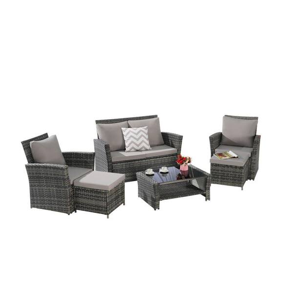 Gray 6-Piece Wicker Patio Outdoor Sectional Set, Conversation Set