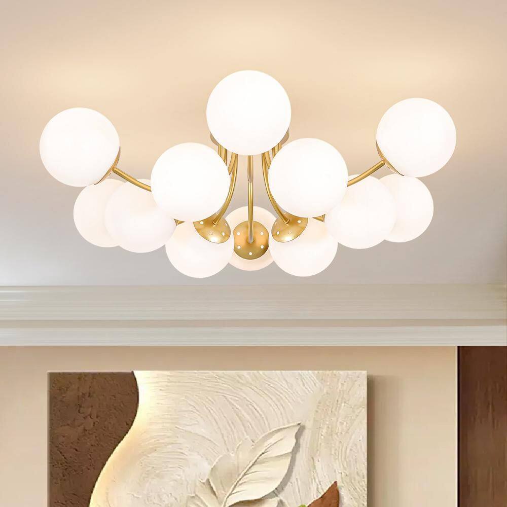 Ceder 32.3 in.W 12-Light Modern Sputnik Satin Gold Semi-Flush Mount with Opal Milk White Glass Globe for Living Room price history on PriceWatchPro