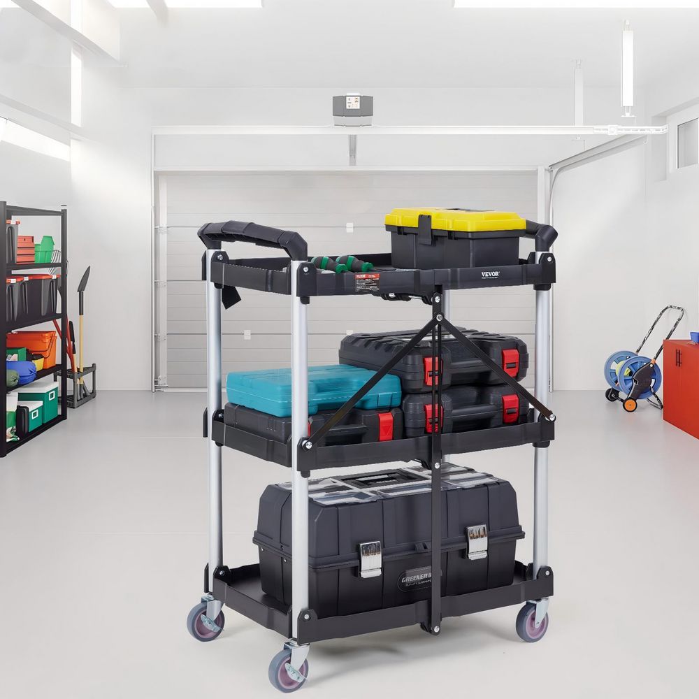 Foldable Utility Service Cart, 3 Shelf 165 lbs. Heavy Duty Plastic Rolling Cart with Lockable Wheels in Black