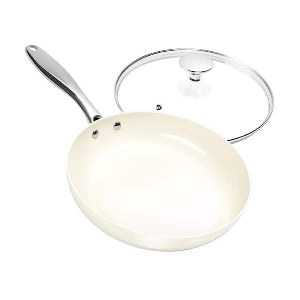 10 in. Cream Nonstick Ceramic Coated Saute Pans with Lid Aluminum Body Induction Compatible Oven Safe Skillet