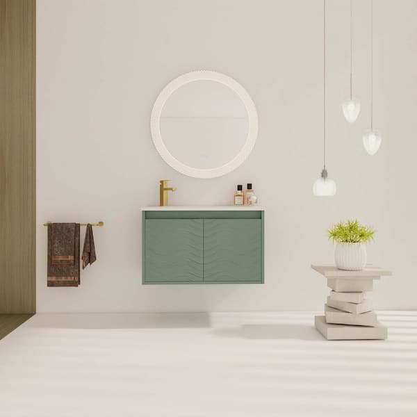 FUNKOL 30 in. Green Wall-Mounted Plywood Bathroom Vanity with White Resin Sink and Soft-Close Cabinet Door