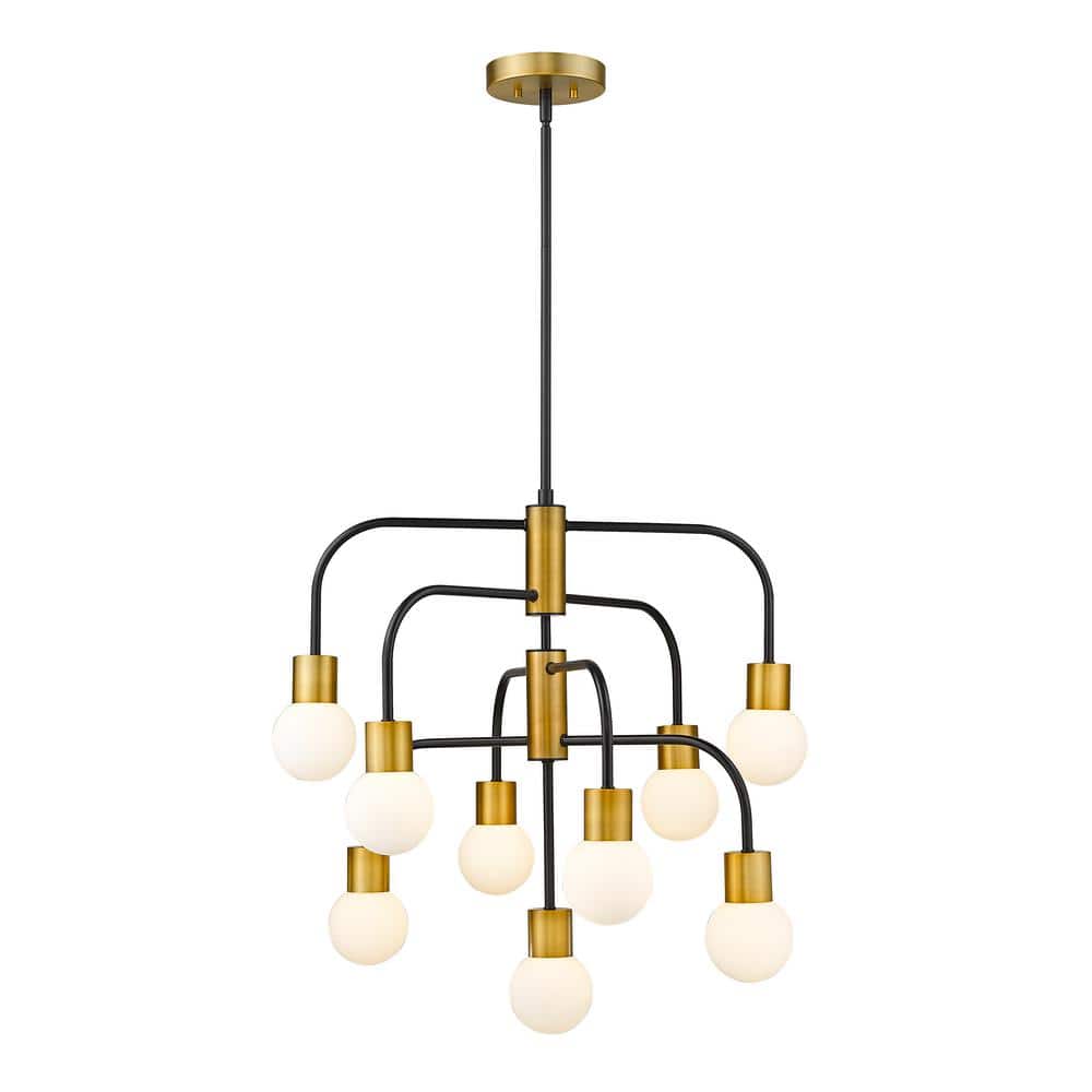 Neutra Mid-Century Modern Matte Black and Brass 9-Light Chandelier