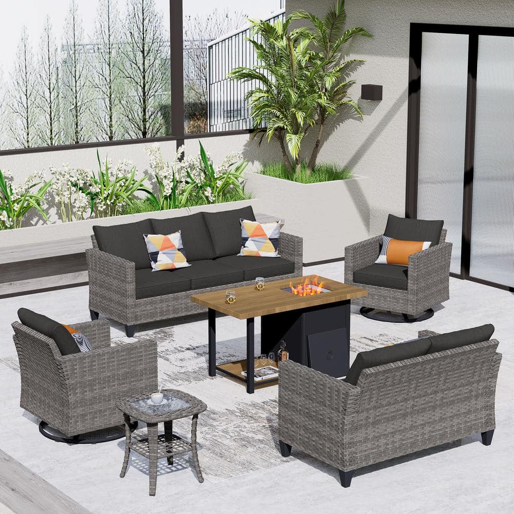 New Vultros Gray 6-Piece Outdoor Patio Fire Pit Table Conversation Set with Black Cushions and Swivel Rocking Chairs price history on PriceWatchPro