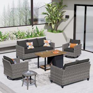 New Vultros Gray 6-Piece Outdoor Patio Fire Pit Table Conversation Set with Black Cushions and Swivel Rocking Chairs