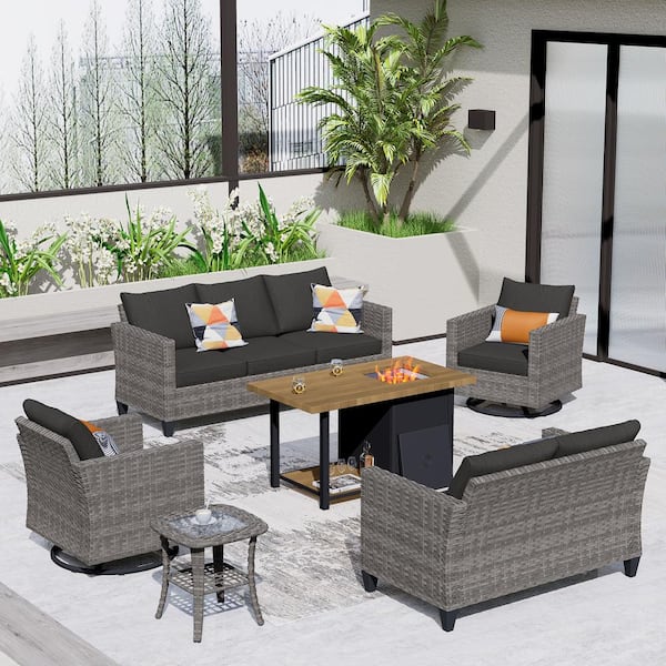 OVIOS New Vultros Gray 6-Piece Outdoor Patio Fire Pit Table Conversation Set with Black Cushions and Swivel Rocking Chairs