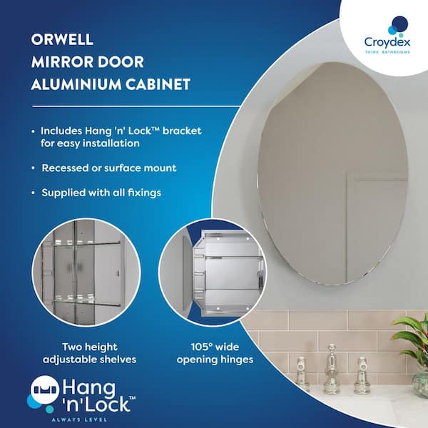 Croydex 21 in. W x 31 in. H Frameless Aluminum Surface-Mount Bathroom Medicine Cabinet with Easy Hang System