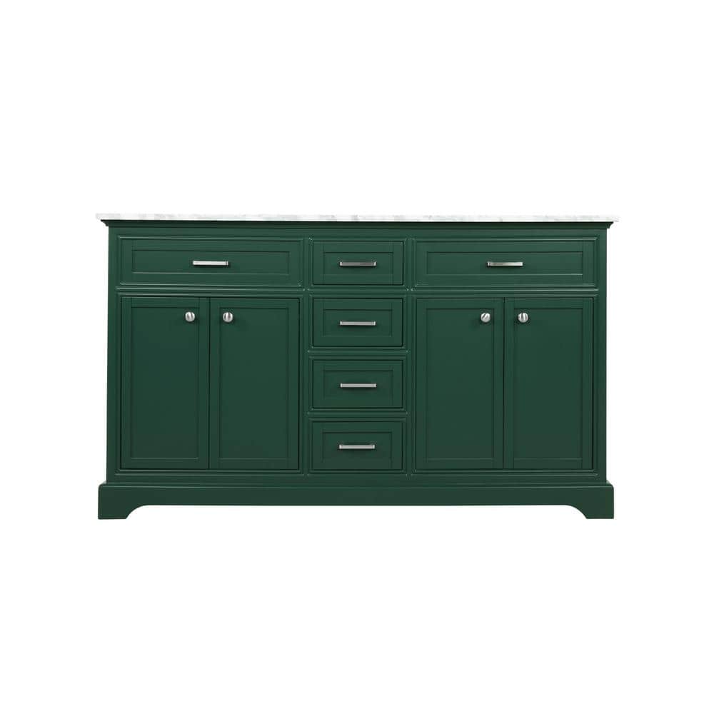 Timeless Home 60 in. W Double Bath Vanity in Green with Marble Vanity Top i