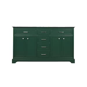 Timeless Home 60 in. W Double Bath Vanity in Green with Marble Vanity Top in Carrara with White Basin