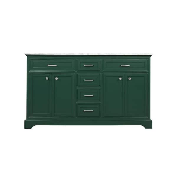 Unbranded Timeless Home 60 in. W Double Bath Vanity in Green with Marble Vanity Top in Carrara with White Basin