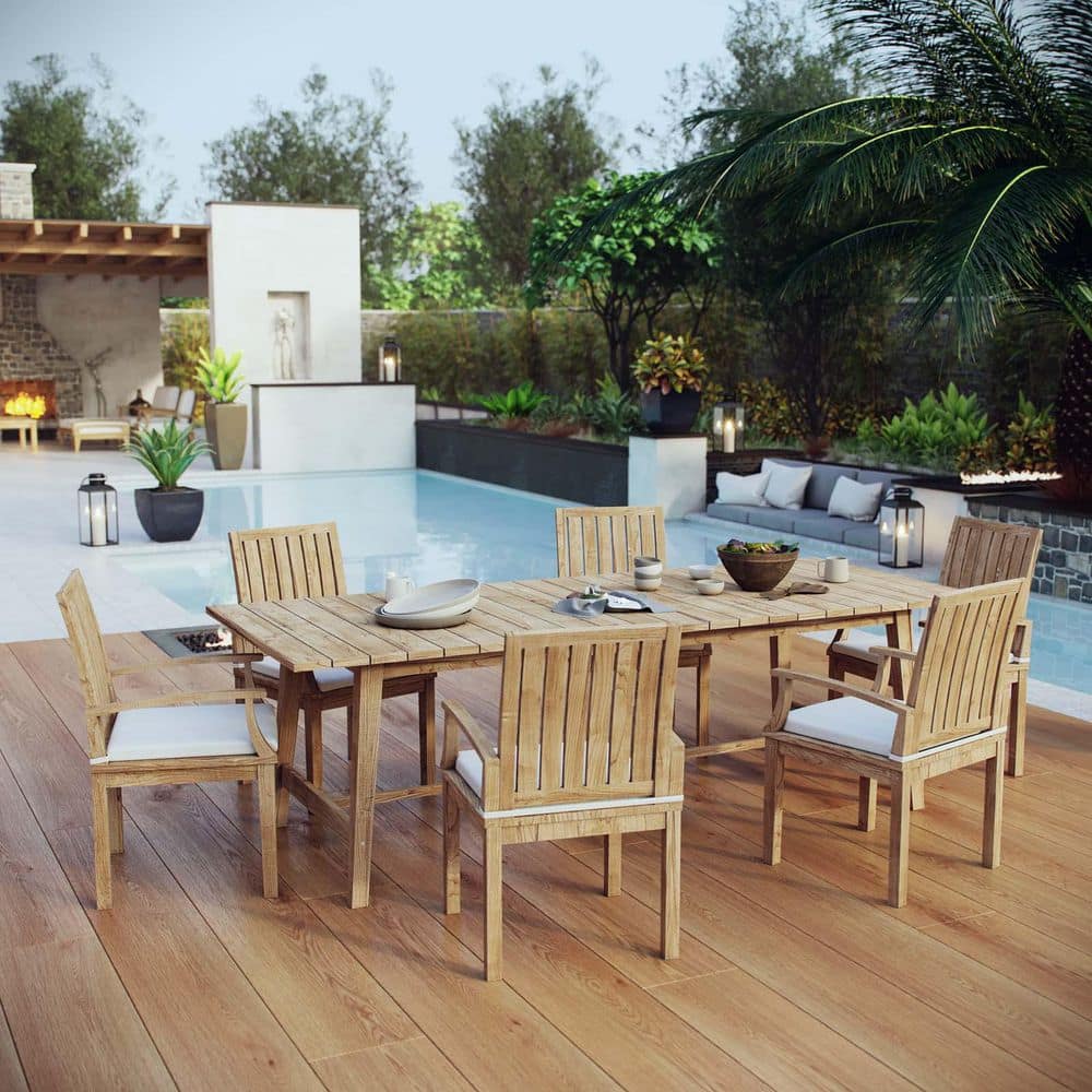 Marina Natural 7-Piece Grade A Teak Wood Patio Outdoor Dining Set with White Cushions price history on PriceWatchPro