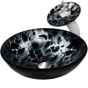 Tartaruga Black Glass Round Vessel Sink with Faucet and Drain in Brushed Nickel