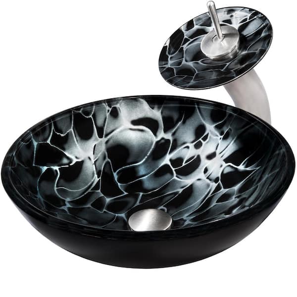 Novatto Tartaruga Black Glass Round Vessel Sink with Faucet and Drain in Brushed Nickel
