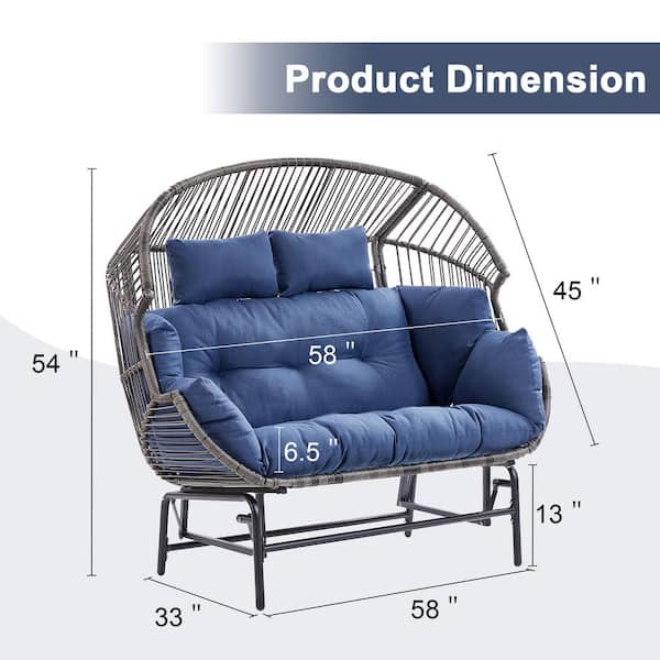 Patio Chairs Outdoor Egg Chair 2-Person Gray Wicker Outdoor Glider Loveseat with Navy Blue Cushion for Balcony, Porch