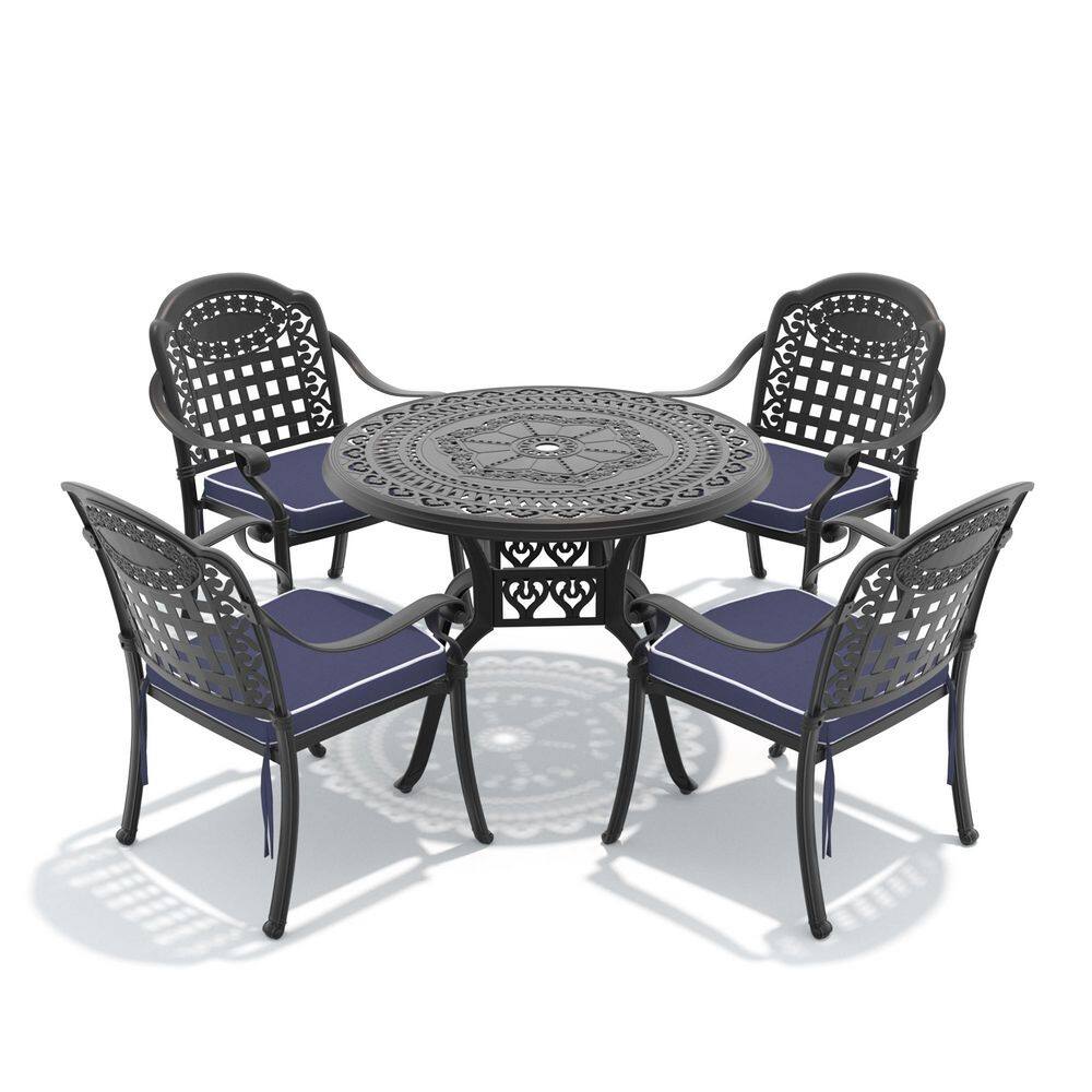 Black 5-Piece Cast Aluminum Outdoor Dining Set with Blue Cushions, Stackable Patio Furniture price history on PriceWatchPro