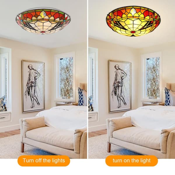 OUKANING 15.7 in. 3-Light Multicolored Mosaic Tiffany Flush Mount