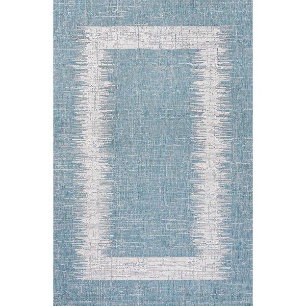 Scandi Minimalist Border Aqua/Ivory 4 ft. x 6 ft. Indoor/Outdoor Area Rug