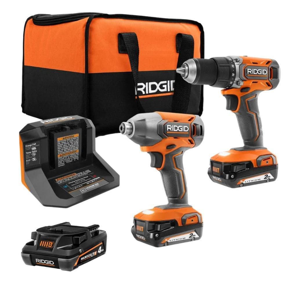 RIDGID 18V Cordless 2-Tool Combo Kit w/ Drill, Impact Driver, (2) 2Ah Batteries, Charger & 18V 4.0 Ah EXP Lithium-Ion Battery (R92721R840041)