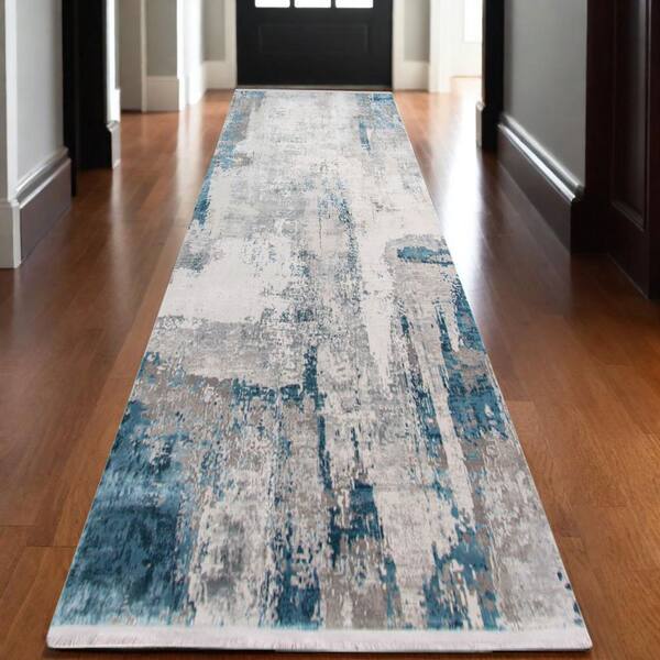 3' X 10' Gray Blue And Ivory Abstract Runner Rug With Fringe