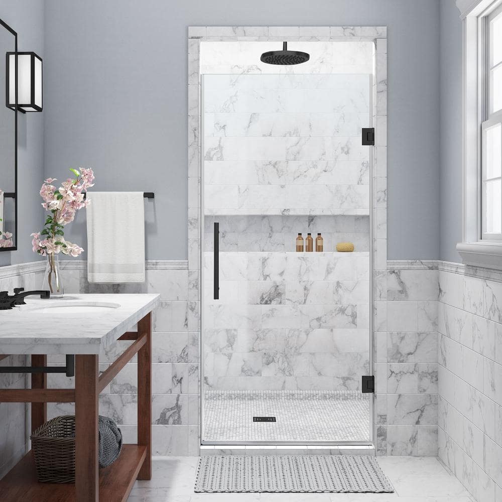 Kinkade 31" Matte Black Frameless Hinged Shower Door with Clear Tempered Glass