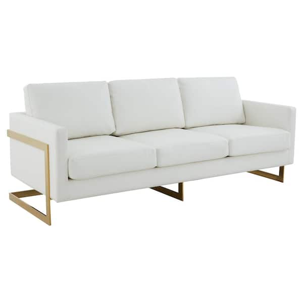 Moedig aan ontwerper Vervagen Leisuremod Lincoln 83 in. Square Arm Modern Upholstered Leather 3-Seater  Mid-Century Straight Sofa with Steel Gold Frame in White LA83W-L - The Home  Depot