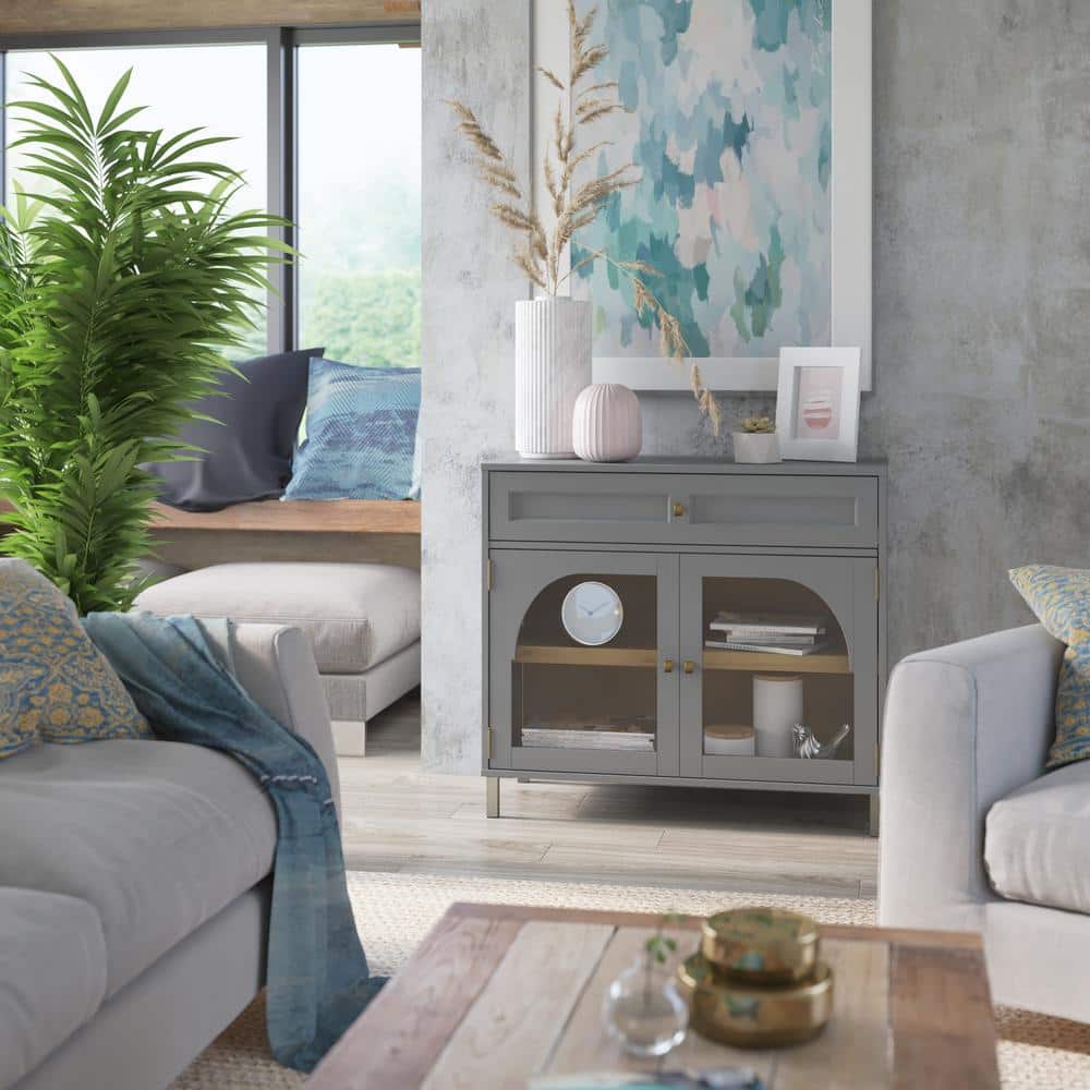 Pure Gray Glass Door Accent Cabinet with Adjustable Shelving