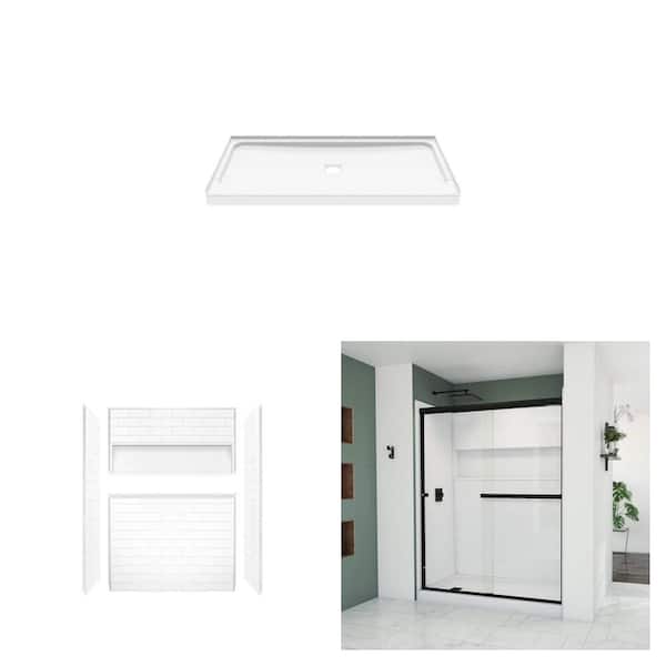 Aloha 60 in. x 32 in. Shower Pan, NexTile 60 in. x 32 in. Subway Tile Wall Kit and 56-60 in. Shower Door