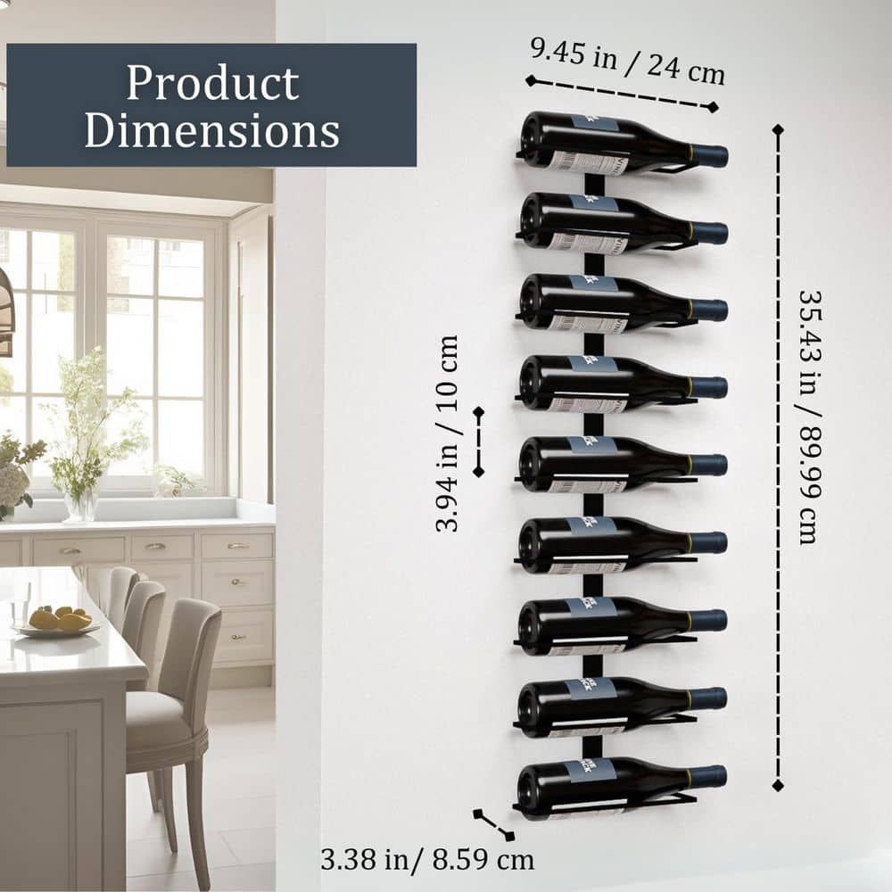 HOMLUX 9-Bottle Black 35.43 in.W Metal Wall Mounted Wine Rack Wine Bottle Storage Organizer for Home Bar, Kitchen, Wine Cellar BD-WS-WMR09B