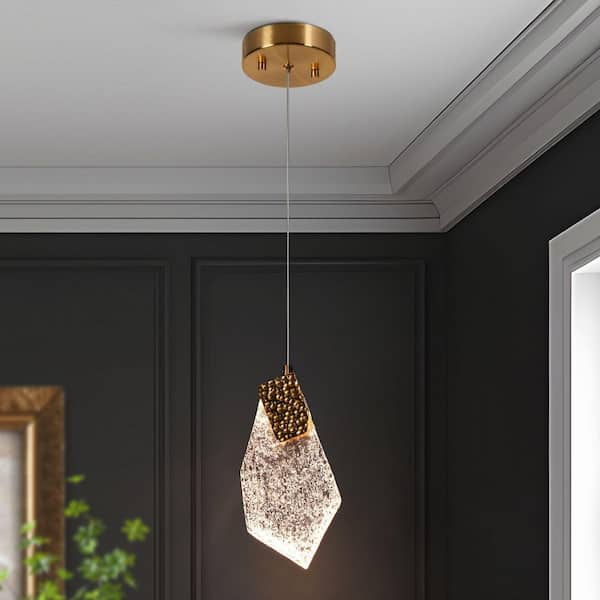 Fracture 1-Light Plated Brass Integrated LED Pendant Light with Asymmetrical Textured Resin Panel for Living Room Foyer