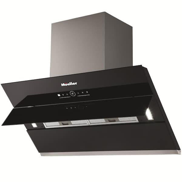MUELLER 36 in. Deluxe 900CFM Wall Mount Range Hood, Open-Close Black Tempered Glass Panel, LED Touch Control, Permanent Filters
