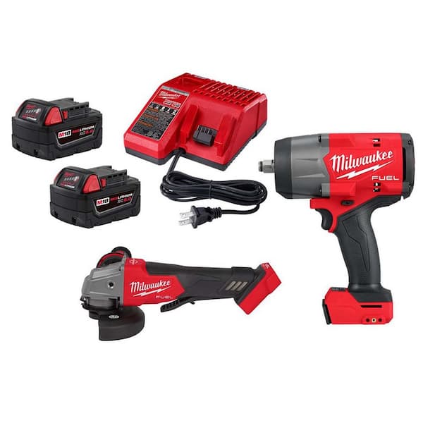 M18 FUEL 18V Lith-Ion Cordless 4-1/2 in. /5 in. Grinder w/ Variable Speed, Impact Wrench, & (2) Battery & Charger Kit