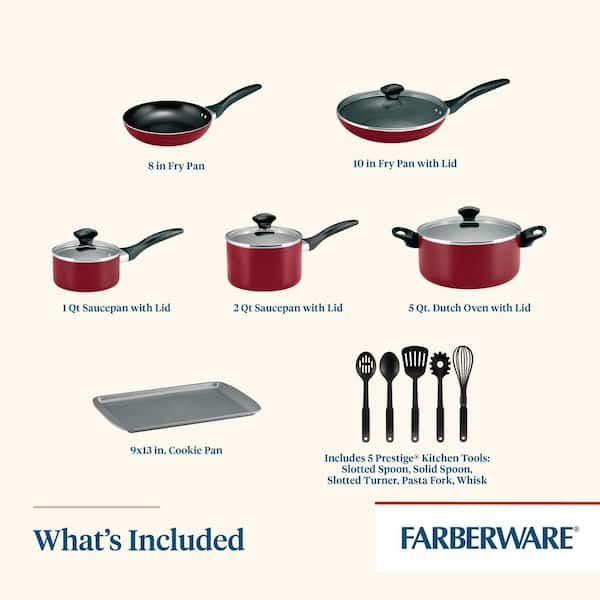 Farberware Cookstart 15pc Aluminum Nonstick Cookware Set with Prestige  Tools Red