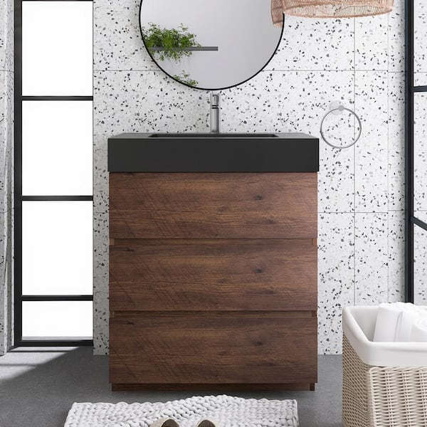 JimsMaison 30 in. W x 18 in. D x 37 in. H Singe Sink Freestanding Bath Vanity in Walnut with Black Quartz Sand Top