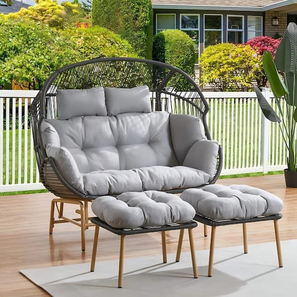 Gymojoy Corina ourdoor/indoor 2-Person Dark Gray Wicker Patio Egg Chair Large Lounge Chair with Gray Cushions with Ottomans