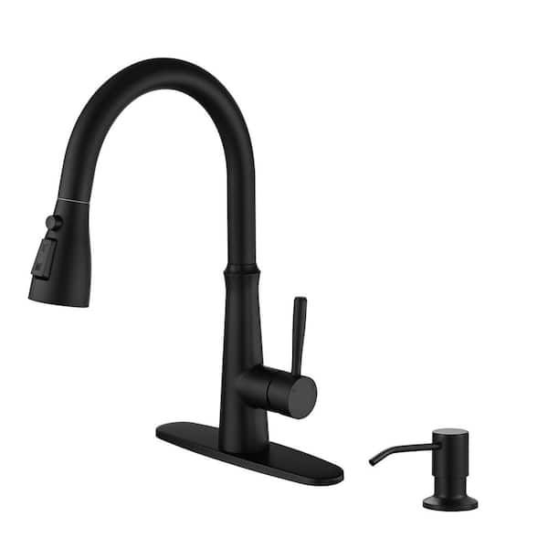 3 Spray Patterns Single Handle Pull Down Sprayer Kitchen Faucet with Soap Dispenser in Matte Black