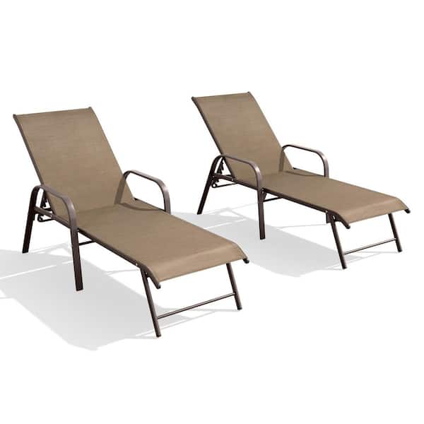Brown 2-Piece Aluminum Adjustable Outdoor Patio Chaise Lounge in Brown with Armrest