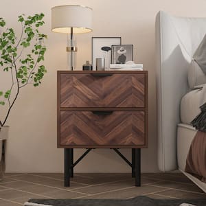 2-Drawer Brown Wood Nightstand With Metal Legs, Side Table Bedside Table 24 in. H x 18.9 in. W x 15.7 in. D