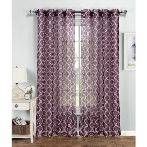 Window Elements Sheer Quatrafoil Printed Sheer Extra Wide 54 in. W x 84 in. L Grommet Curtain Panel in Plum/Gray