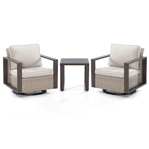 3-Piece Wicker Swivel Outdoor Rocking Chairs Patio Conversation Set with Metal Frame and Beige Cushions