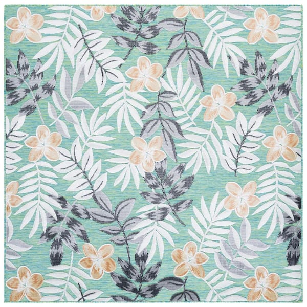 Cabana Blue Green/Gray 6 ft. x 6 ft. Botanical Floral Indoor/Outdoor Square Area Rug