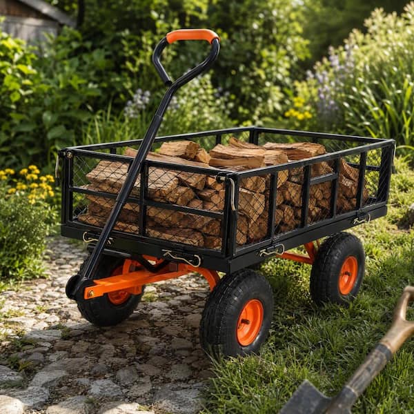 400 lbs. Capacity Heavy Duty Metal Garden Dump Cart with 2-in-1 Convertible Handle, 10 in. Tires & Easy Assembly Frame