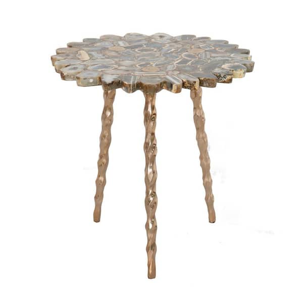 Benjara 18 in. Blue and Brass Stone End Table with Twisted Legs