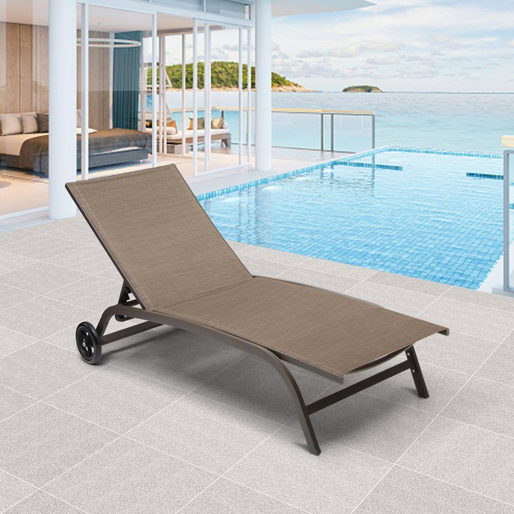 Adjustable Brown Aluminum Outdoor Chaise Lounge with Wheels