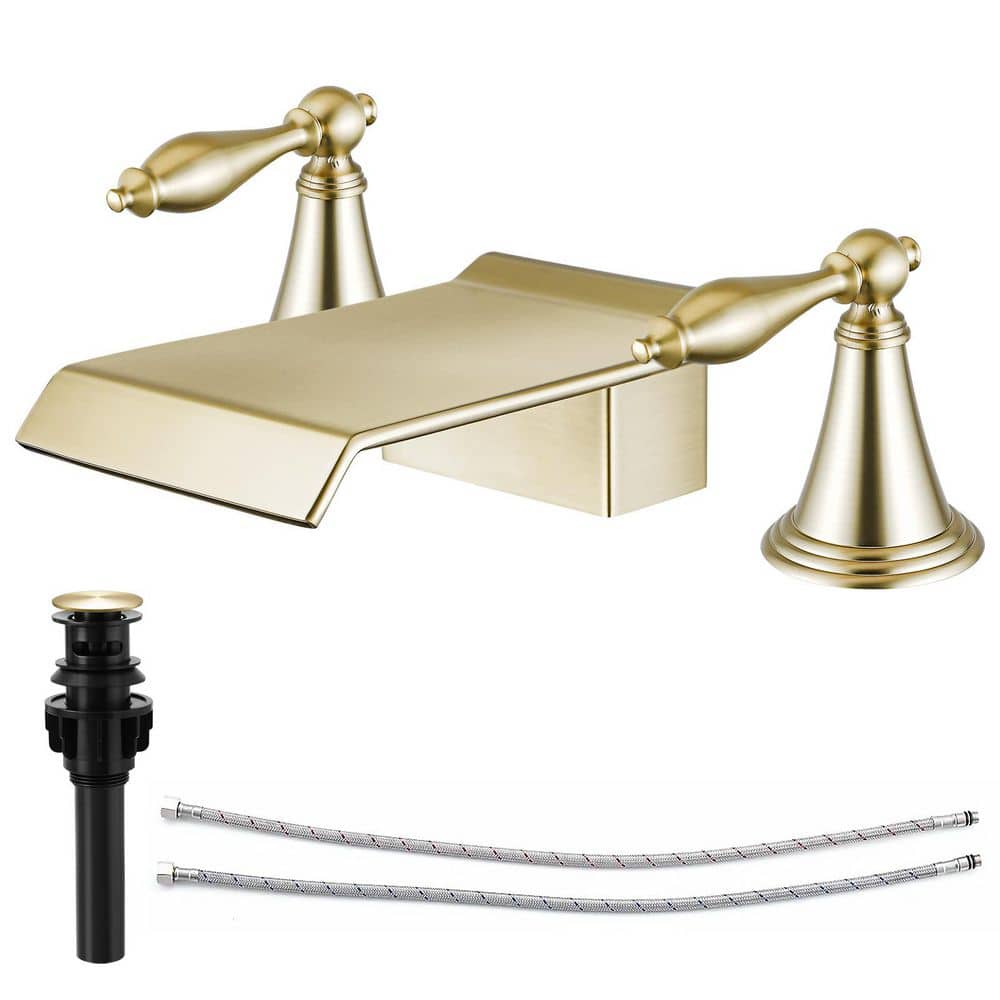 2-Handles 8 in. Widespread Waterfall Bathroom Faucet 3-Hole Bathroom Sink Faucet With Pop-Up Drain in Brushed Gold price history on PriceWatchPro