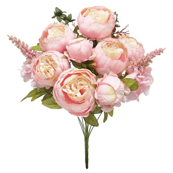 LIVING LUXURY 19 in. Cream Pink Artificial Mixed Peony Hydrangea Flower Stem Bush Bouquet