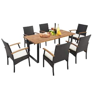 7 Piece Wicker Outdoor Dining Set Acacia Wood Table 6 Wicker Chairs with Umbrella Hole and Off White Cushions