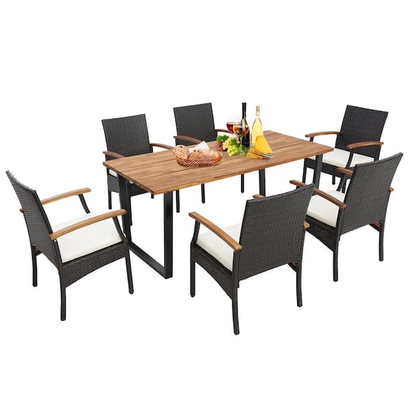 Costway 7 Piece Wicker Outdoor Dining Set Acacia Wood Table 6 Wicker Chairs with Umbrella Hole and Off White Cushions