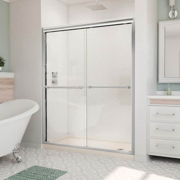 DreamLine Duet 36 in. x 48 in. x 74.75 in. H Semi-Frameless Sliding Shower Door in Brushed Nickel and Center Drain White Base