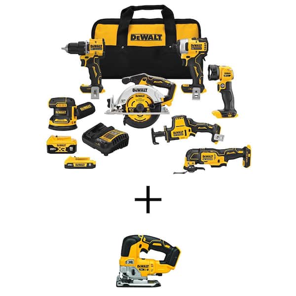 DEWALT 20V MAX Lithium-Ion Cordless 7-Tool Combo Kit and 20V Brushless Jigsaw with 2Ah Battery, 5Ah Battery and Charger